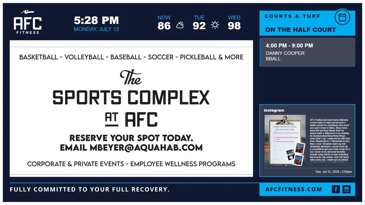 AFC Fitness gym digital signage screen from Reach Media Network displaying promotions, schedule, and Instagram feed