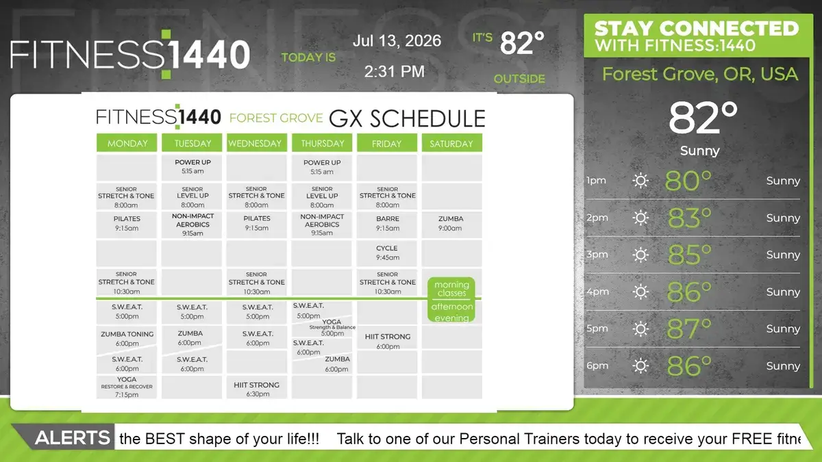 Fitness 1440 gym digital signage screen from Reach Media Network displaying schedule and weather