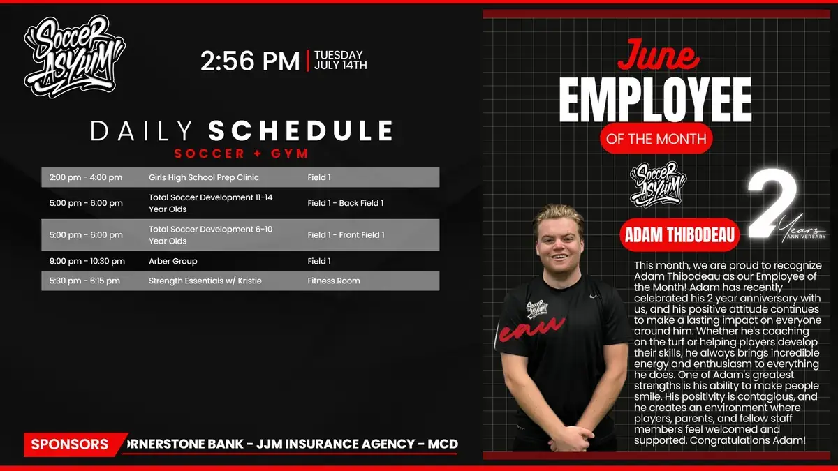 Soccer Asylum gym digital signage screen from Reach Media Network displaying daily schedule and employee spotlight
