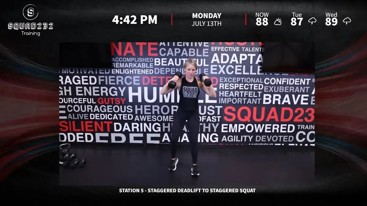 Squad232 Training digital signage screen from Reach Media Network displaying exercises