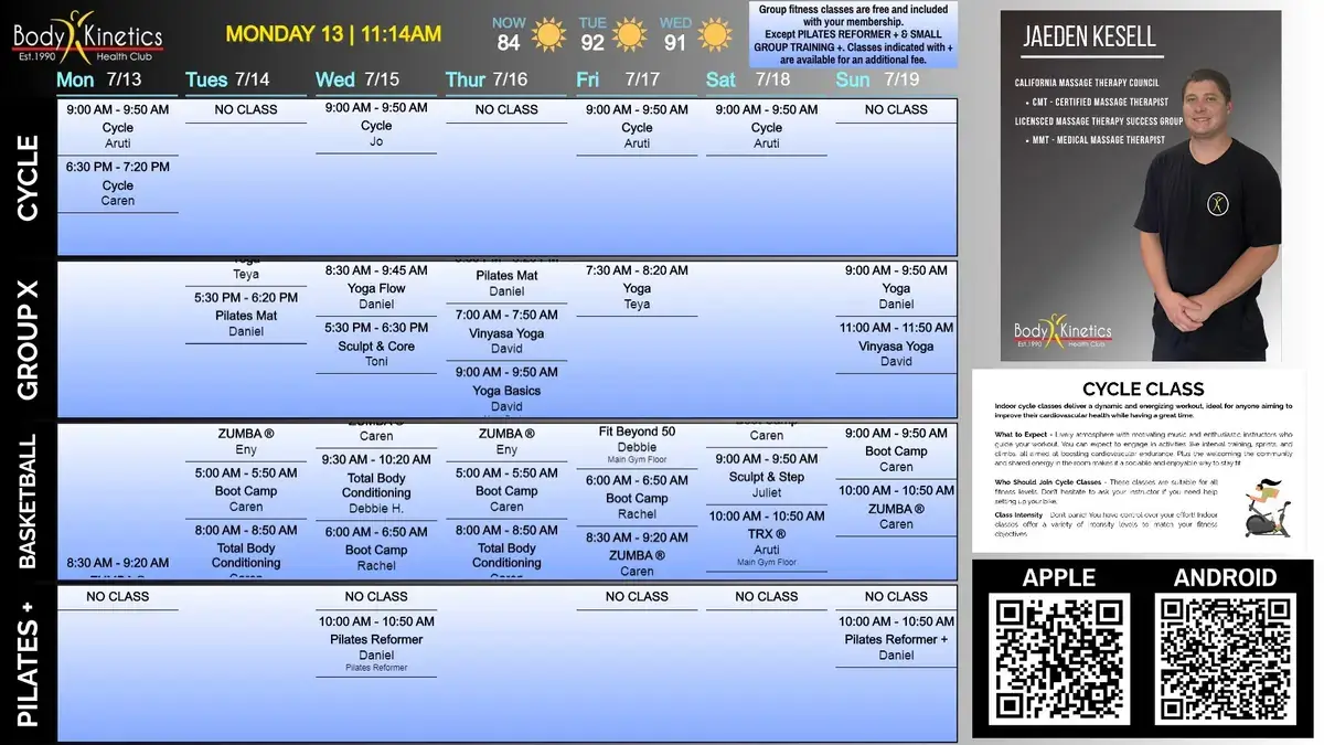 Body Kinetics Health Club gym digital signage screen from Reach Media Network displaying schedule, employee spotlight, and QR codes