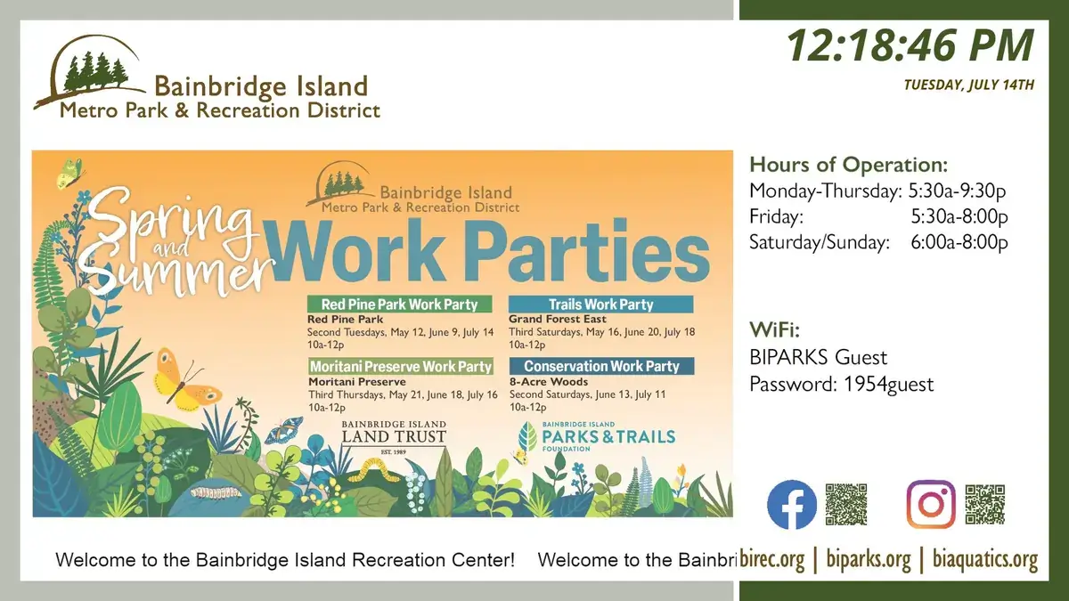Bainbridge Island Metro Park & Recreation District digital signage screen from Reach Media Network displaying party schedule, hours, and wifi info