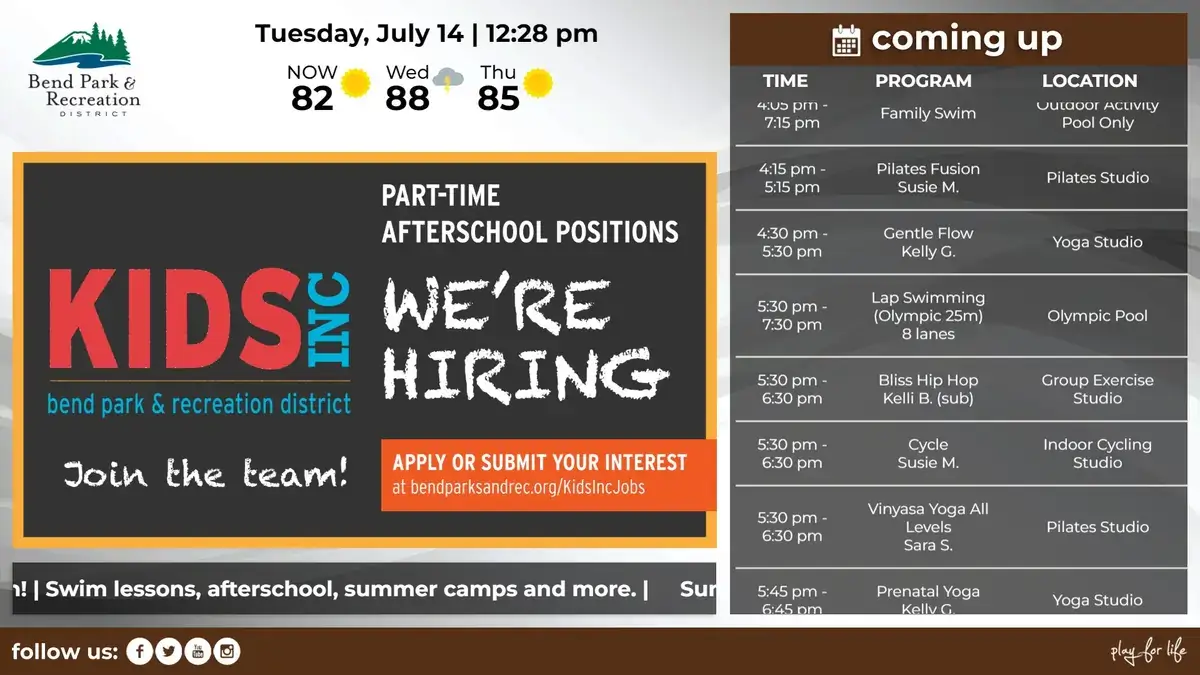 Bend Park & Recreation District digital signage screen from Reach Media Network displaying schedule, promotions, and weather