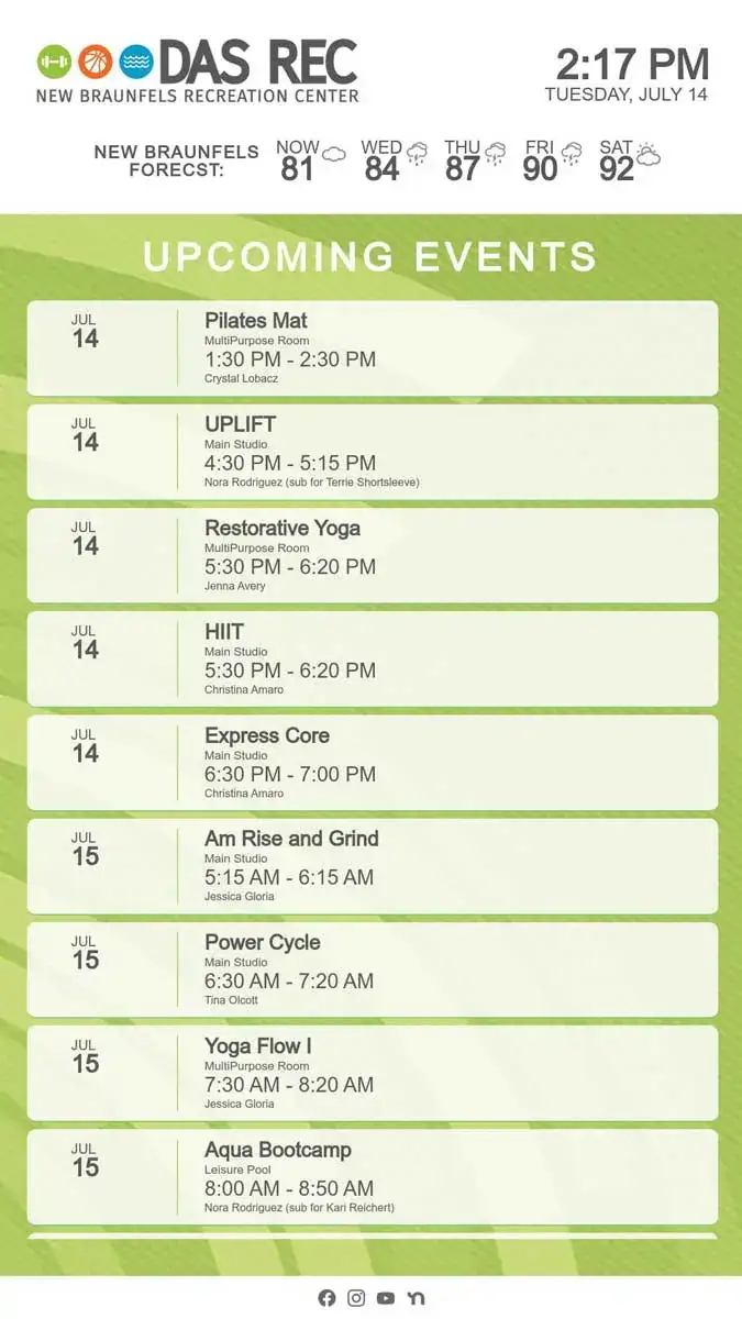 City of New Braunfels digital signage screen from Reach Media Network displaying event schedule and weather