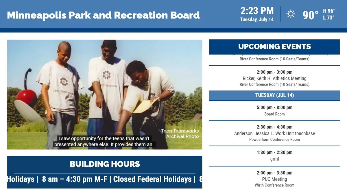 Minneapolis Park and Recreation District digital signage screen from Reach Media Network displaying events schedule, hours, and video